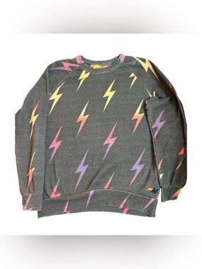 Aviator Nation Dark Gray Crewneck with Pink, Purple & Yellow Lightning Bolts
